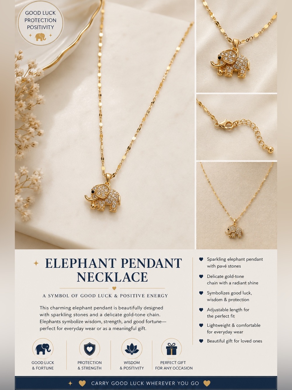 Gold Elephant Pendant Necklace - Elegant Sparkling Pendant